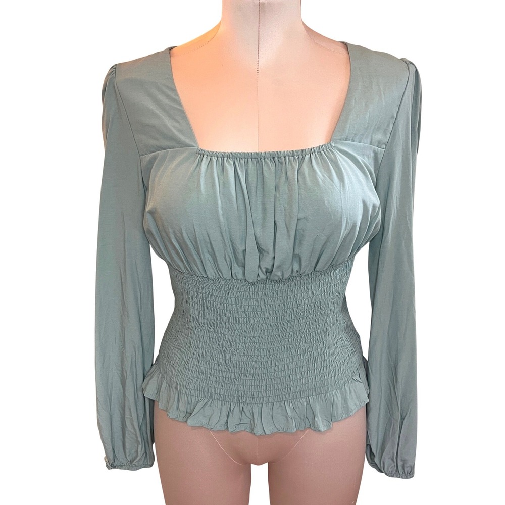 Milk Maid Peasant Smocked Waist Square Neck‎ Peplum Top Long Sleeve Medium